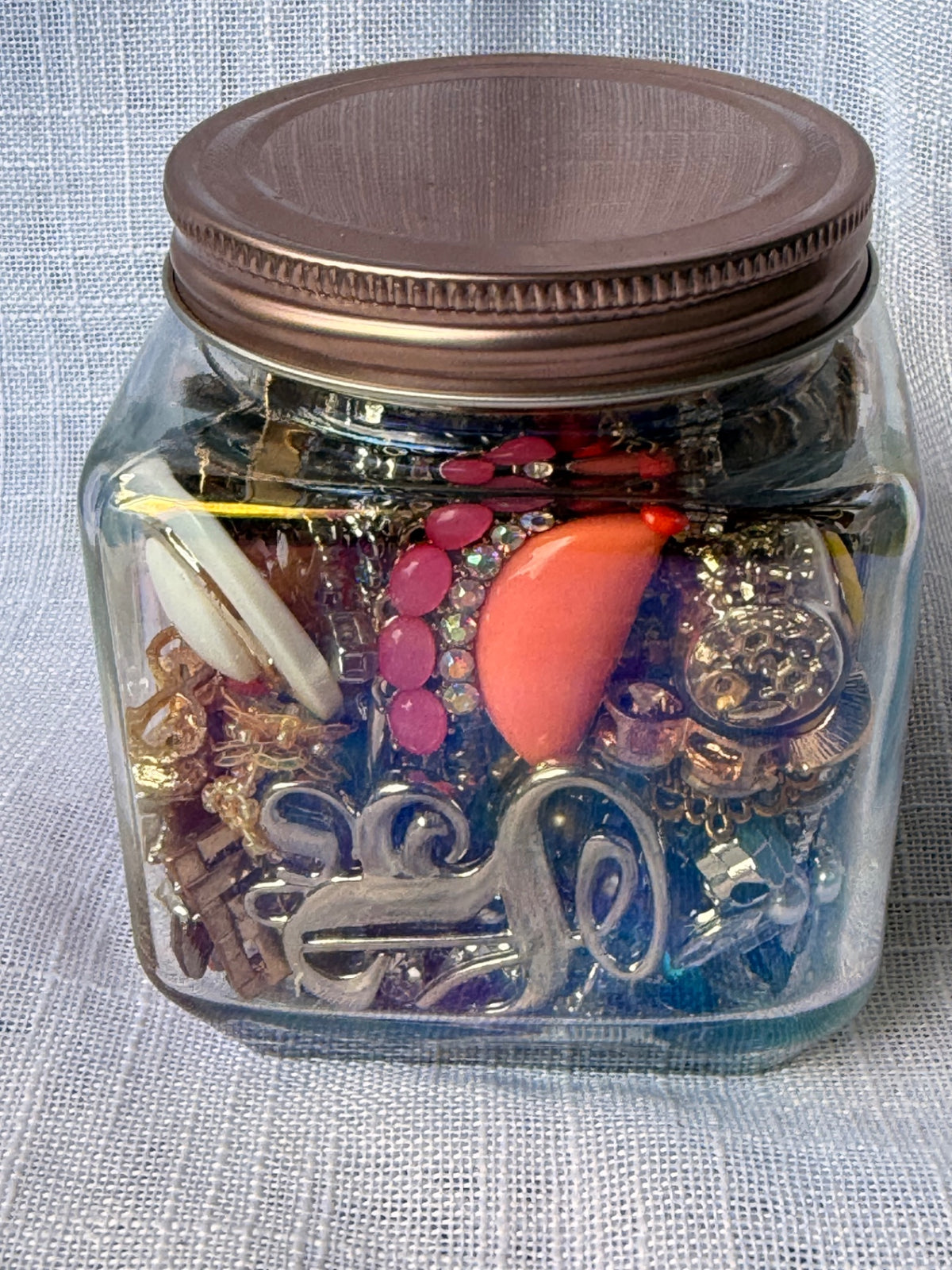 Vintage Costume Jewelry "Junk Drawer" Lot | Retro Flower & Rhinestone Brooches in Square Glass Jar