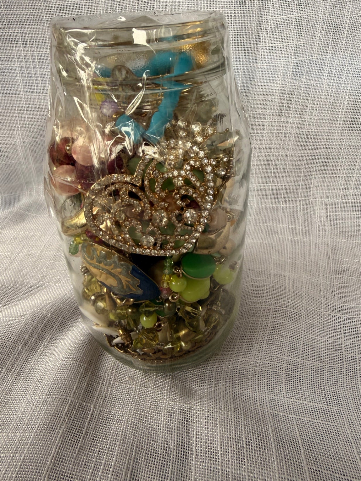Vintage Costume Jewelry "Junk Drawer" Lot | Rhinestone Brooches & Beads in Kerr Mason Jar