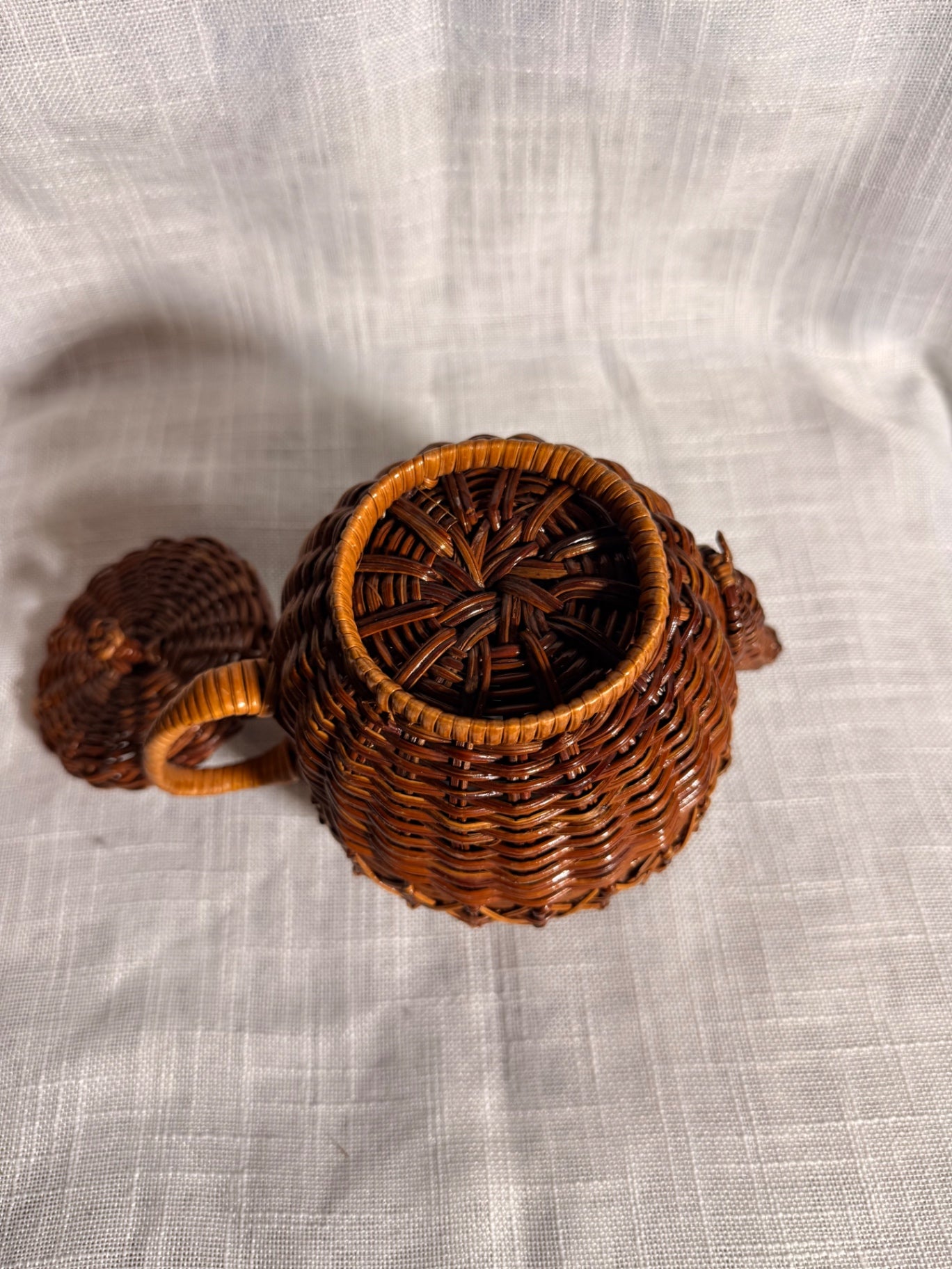 Vintage Woven Wicker Teapot Basket | Novelty Rattan Lidded Trinket Box Boho Decor