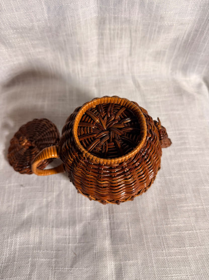 Vintage Woven Wicker Teapot Basket | Novelty Rattan Lidded Trinket Box Boho Decor