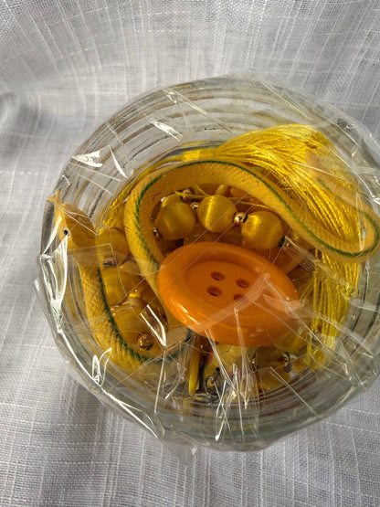 Yellow "Junk Drawer" Craft Lot | Vintage & Modern Mixed Ephemera in Quilted Glass Jar