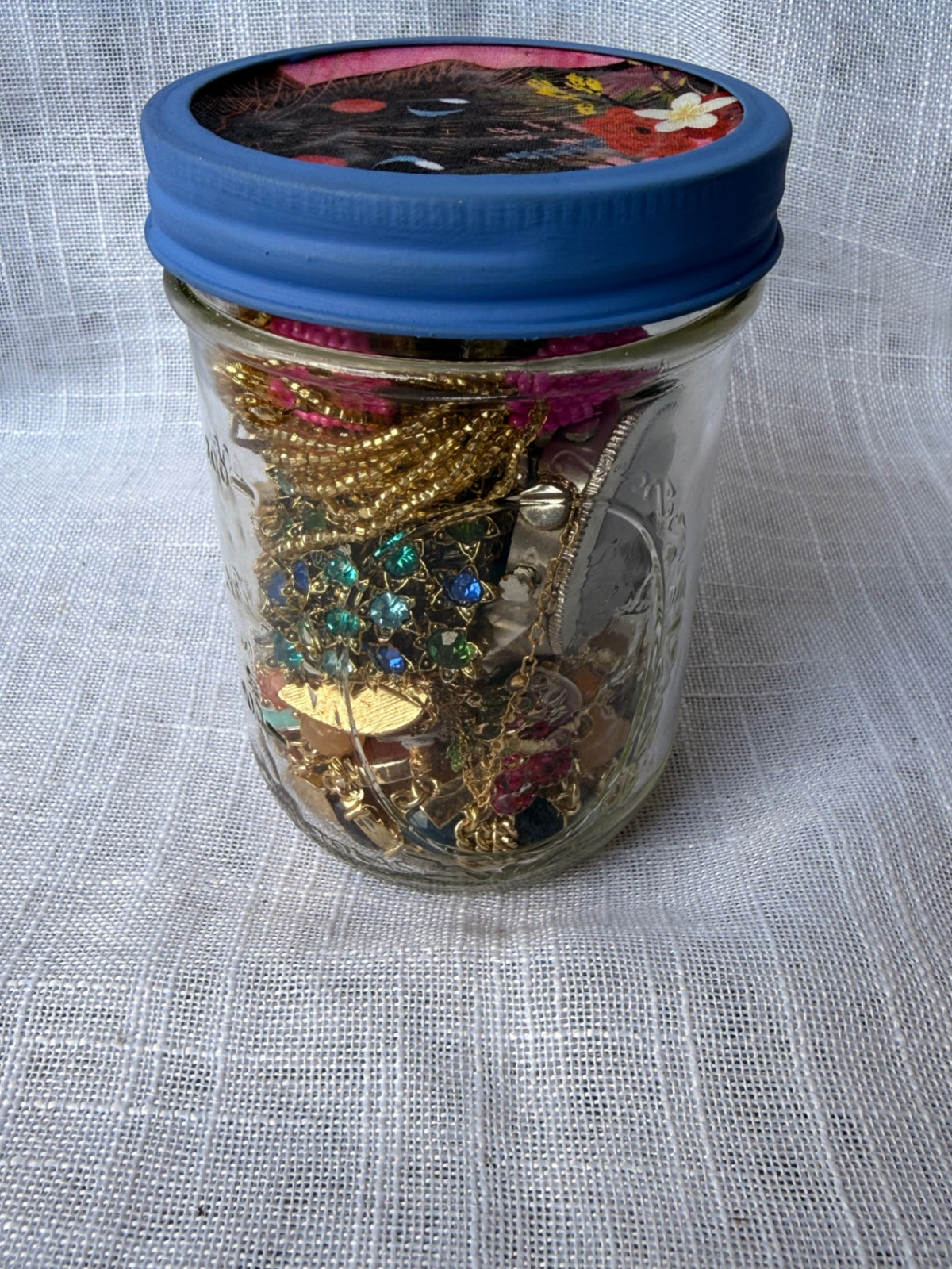 Vintage Costume Jewelry "Junk Drawer" Lot | Rhinestone Elephant & Brooches in Upcycled Cat Jar
