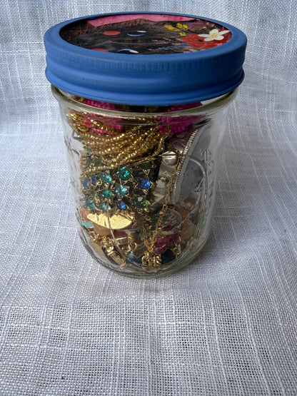 Vintage Costume Jewelry "Junk Drawer" Lot | Rhinestone Elephant & Brooches in Upcycled Cat Jar