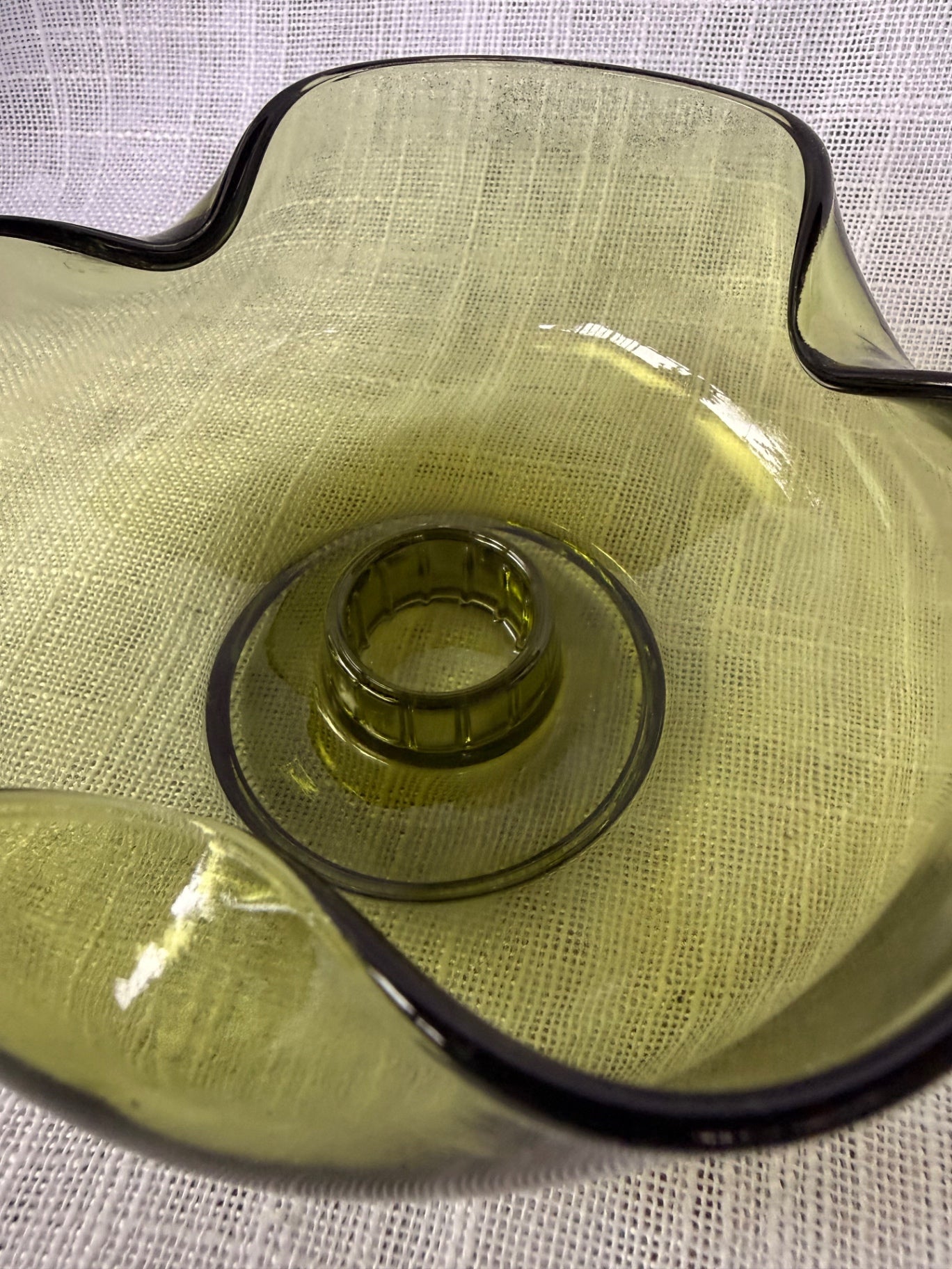 Mid-Century Modern Olive Green Art Glass Candle Holder | Ruffled Hand-Blown Taper Base