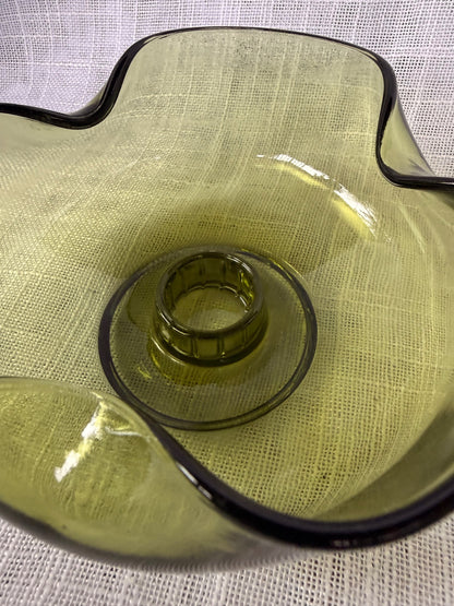 Mid-Century Modern Olive Green Art Glass Candle Holder | Ruffled Hand-Blown Taper Base