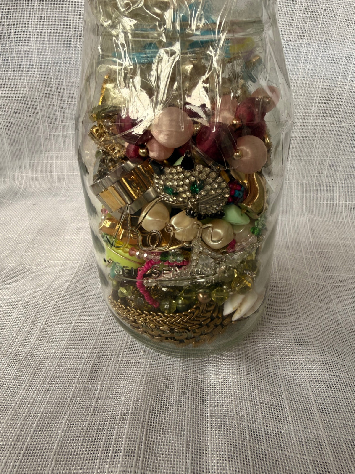 Vintage Costume Jewelry "Junk Drawer" Lot | Rhinestone Brooches & Beads in Kerr Mason Jar