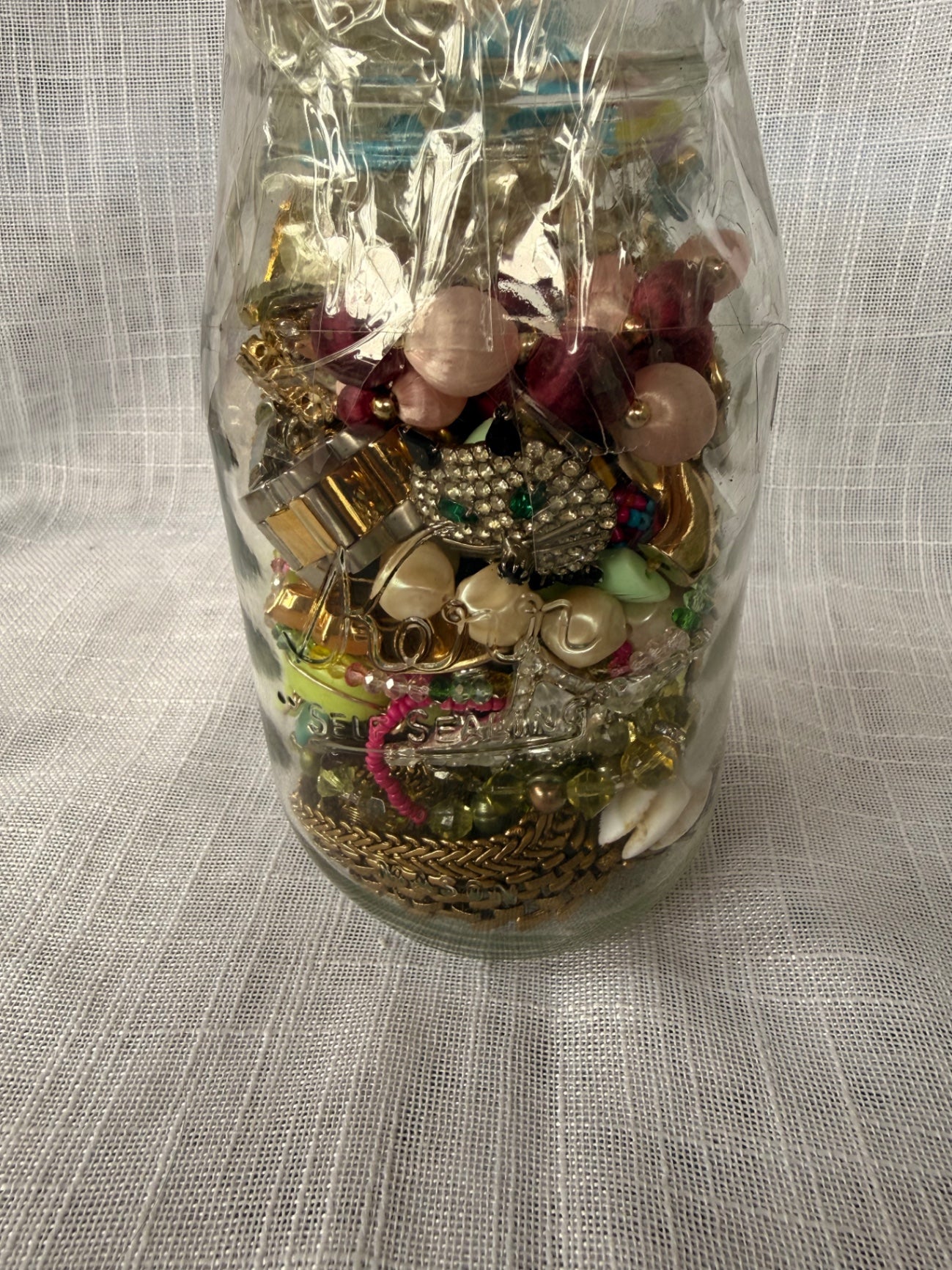 Vintage Costume Jewelry "Junk Drawer" Lot | Rhinestone Brooches & Beads in Kerr Mason Jar