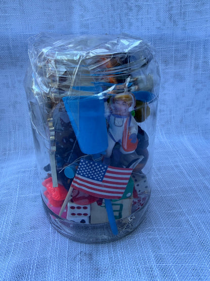 Vintage Toy & Ephemera "Junk Drawer" Lot | Mickey Mouse Pin & Astronaut in Mason Jar