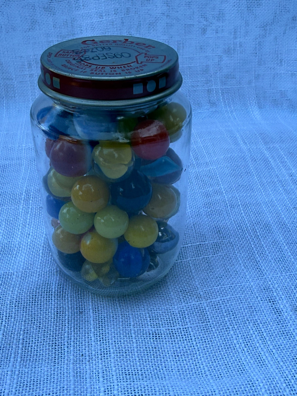 Vintage Mixed Glass Marbles Lot | Cat's Eyes & Opaques in Retro Gerber Baby Food Jar