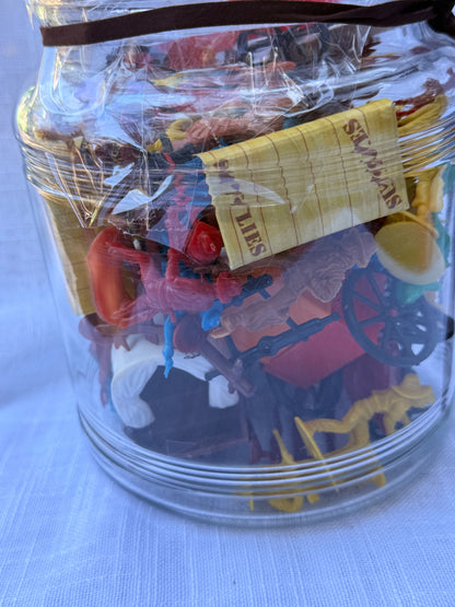 Vintage Plastic "Wild West" Playset Toy Lot | Cowboys, Wagons & Horses in Display Jar