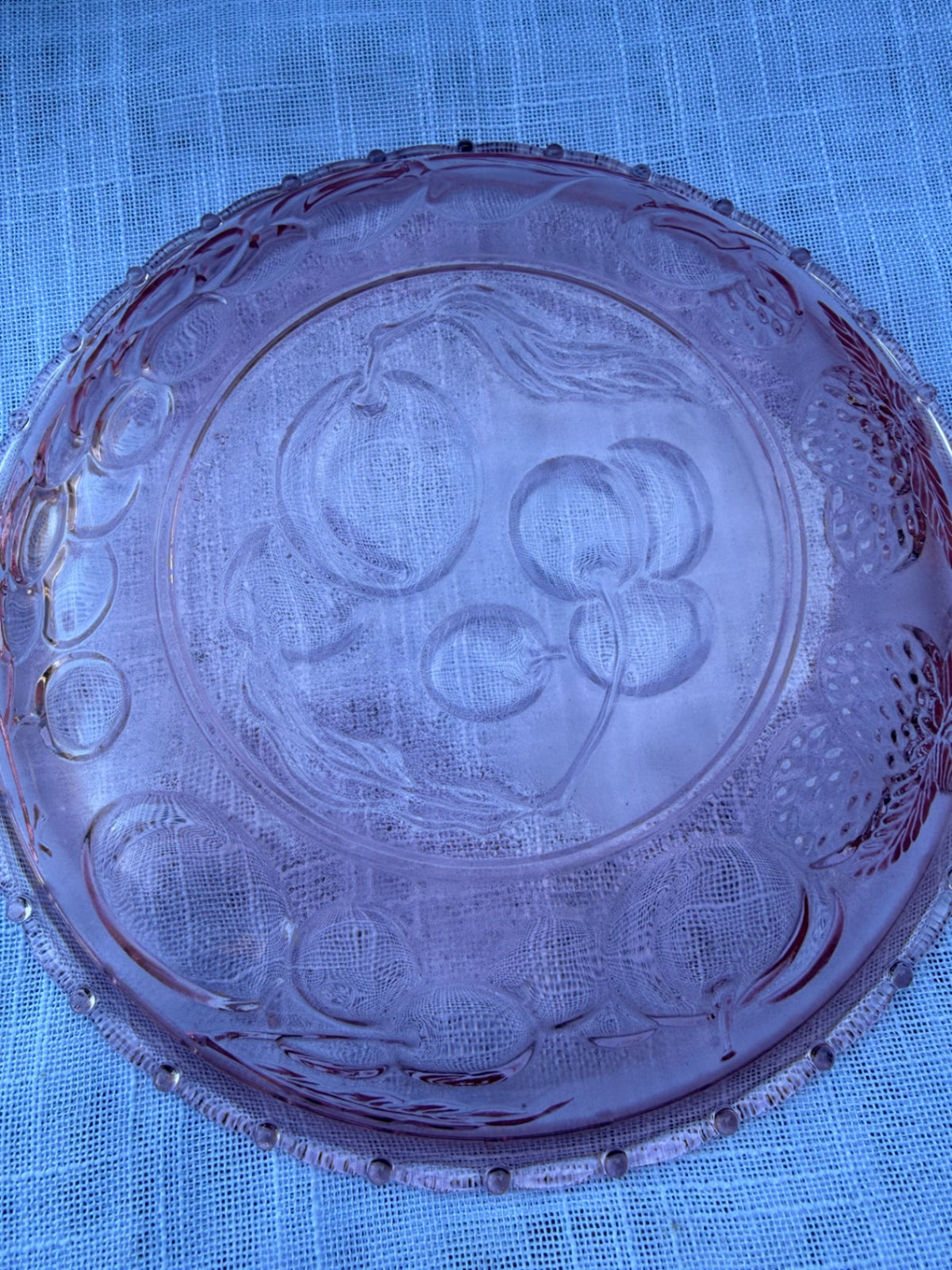 Vintage KIG Indonesia Blush Pink Glass Serving Bowl | Embossed Fruit Pattern & Beaded Rim