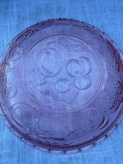 Vintage KIG Indonesia Blush Pink Glass Serving Bowl | Embossed Fruit Pattern & Beaded Rim