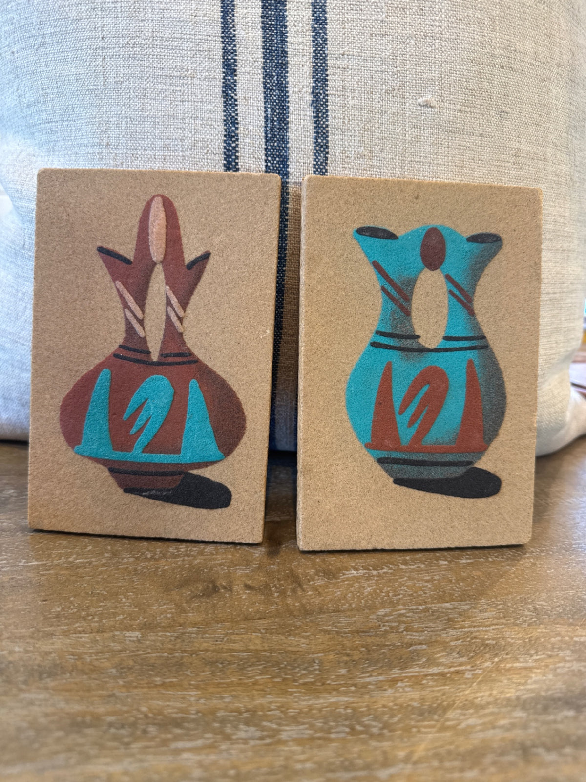 Pair of vintage, handcrafted Navajo sand painting 