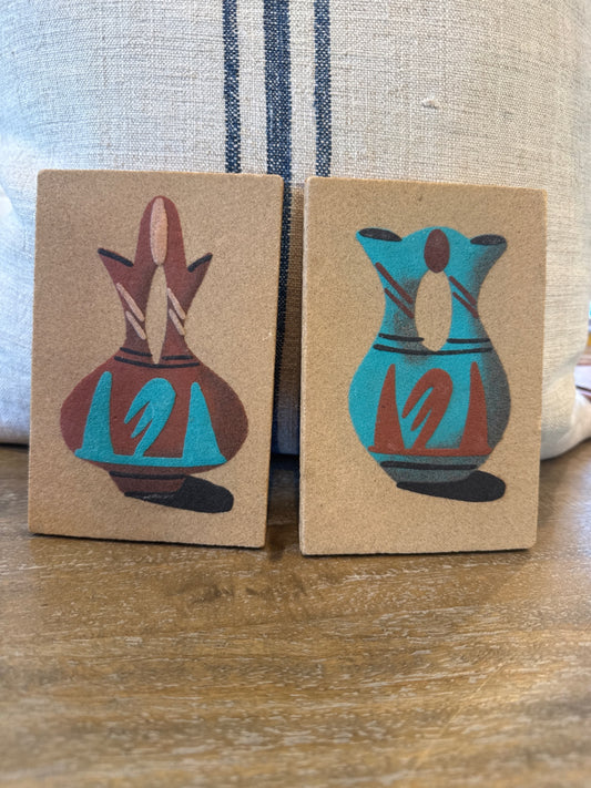 Pair of vintage, handcrafted Navajo sand painting 