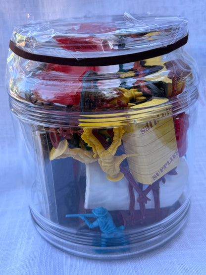 Vintage Plastic "Wild West" Playset Toy Lot | Cowboys, Wagons & Horses in Display Jar
