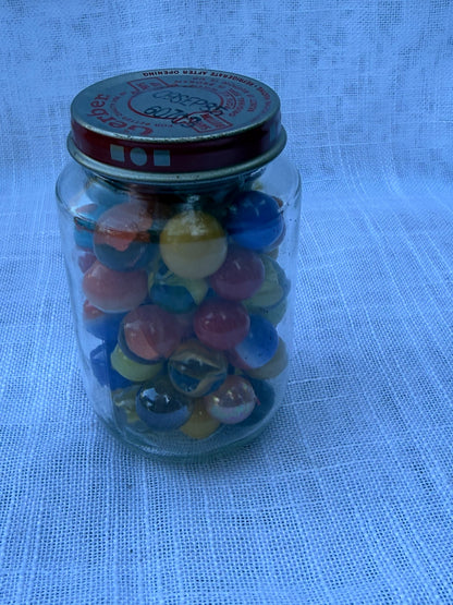 Vintage Mixed Glass Marbles Lot | Cat's Eyes & Opaques in Retro Gerber Baby Food Jar