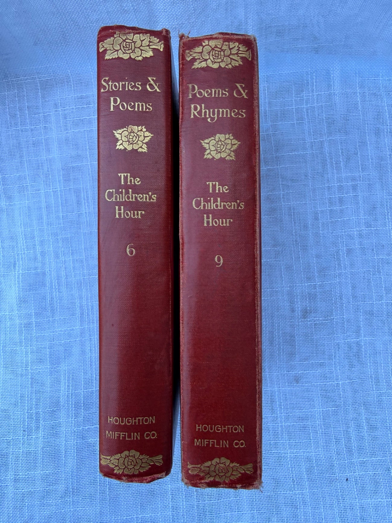 Set of 2 Antique 1907 "The Children's Hour" Books | Red Cloth Dark Academia Library Decor