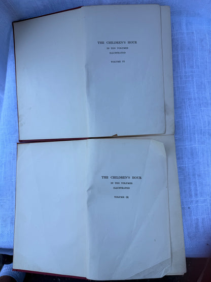 Set of 2 Antique 1907 "The Children's Hour" Books | Red Cloth Dark Academia Library Decor