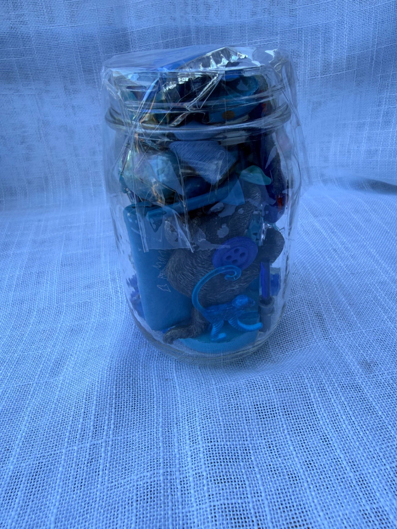 Curated Vintage Blue "Junk Drawer" Ephemera Lot | Retro Toys, Tokens & Charms in Kerr Mason Jar