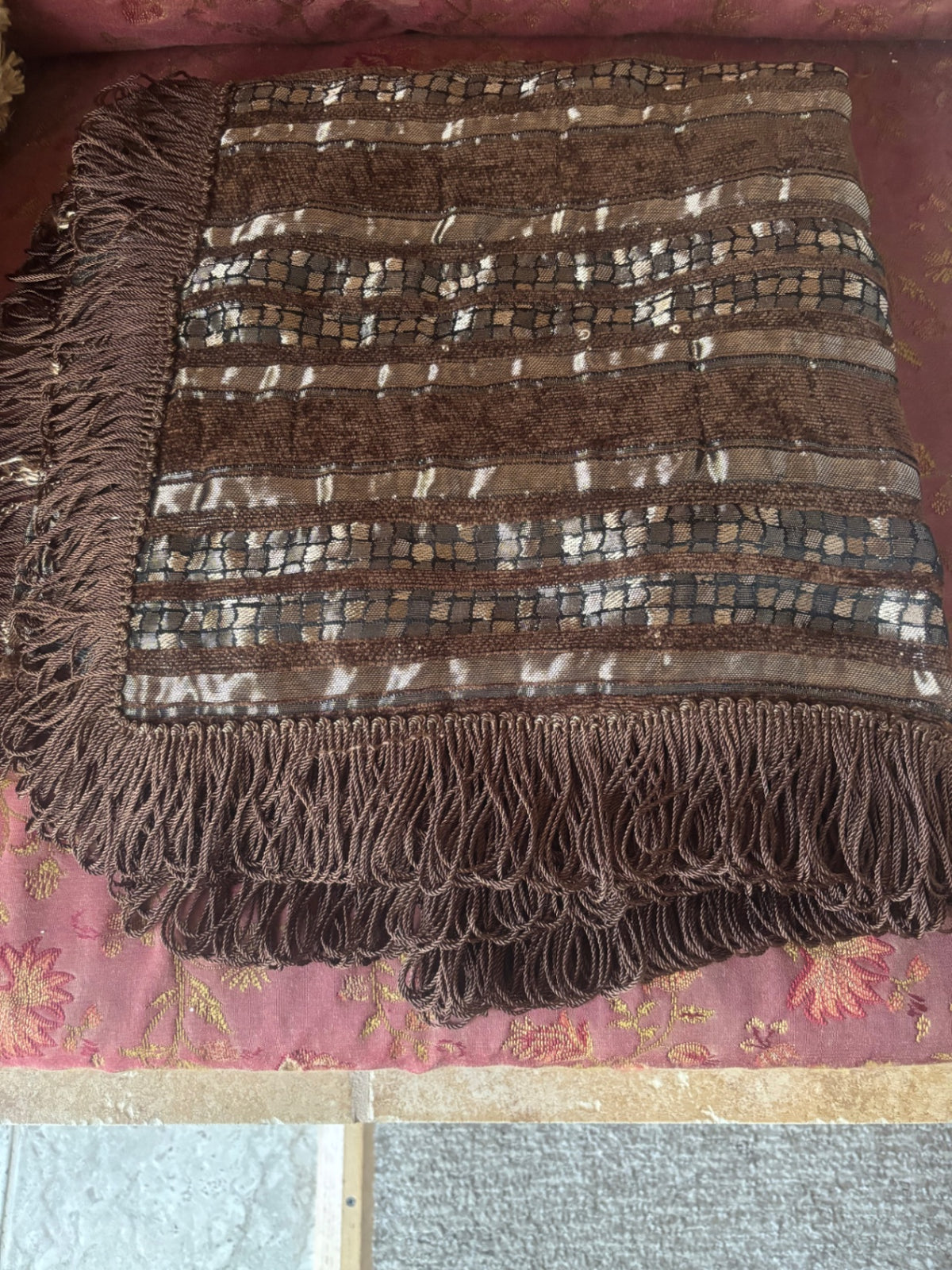 Beautiful Unique Large  Throw - Browns, Fringe, & Metallic woven