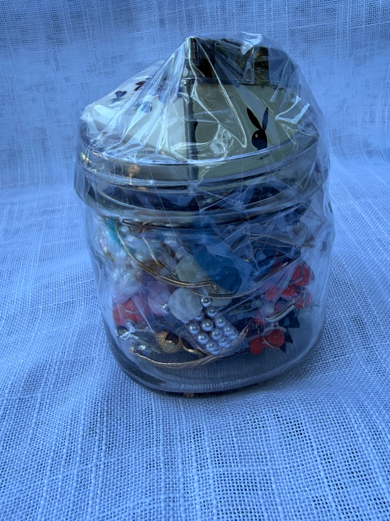 Vintage Jewelry & Ephemera "Junk Drawer" Lot | Retro Playboy Lighter & Pearls in Kerr Mason Jar