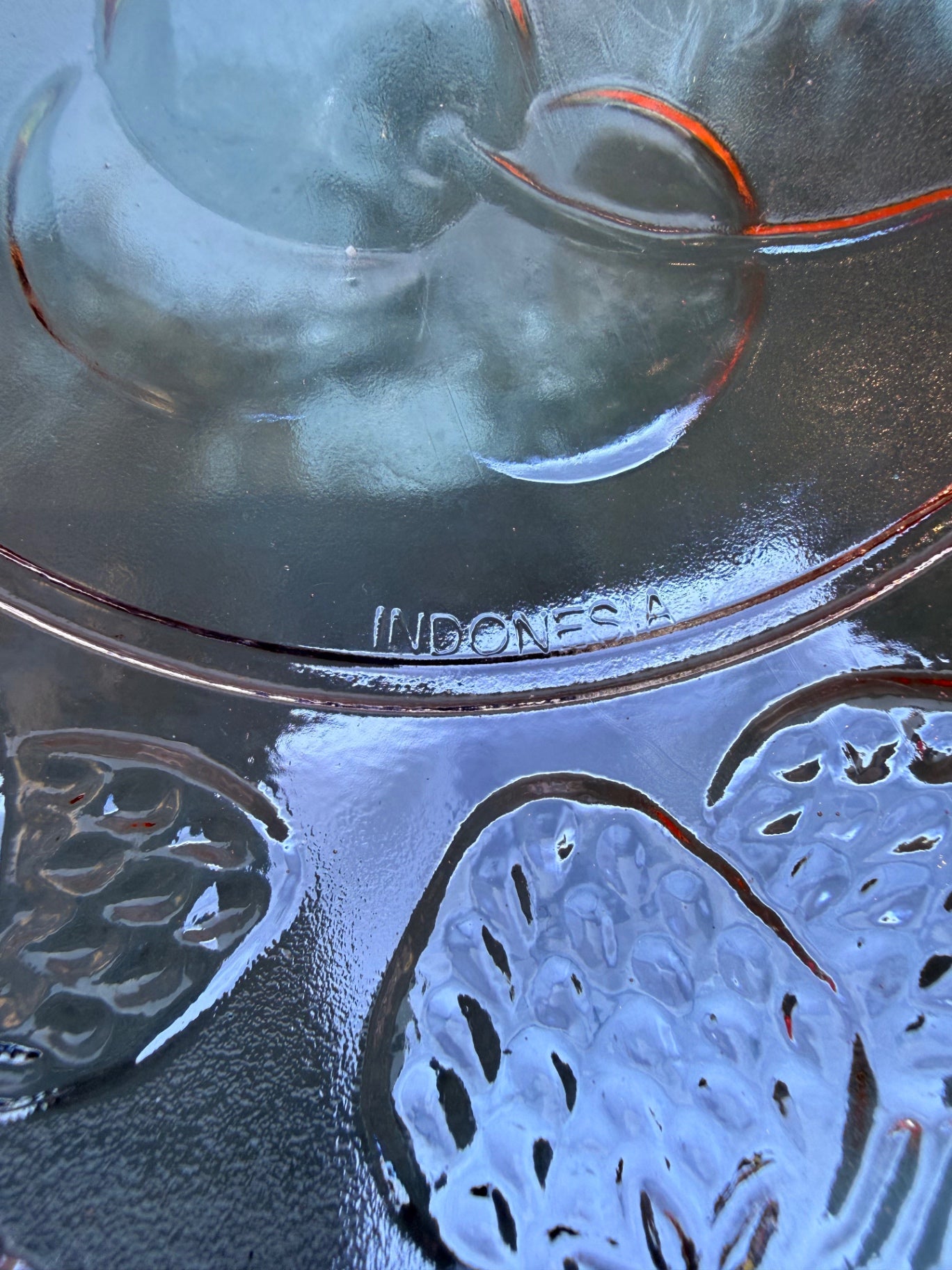 Vintage KIG Indonesia Blush Pink Glass Serving Bowl | Embossed Fruit Pattern & Beaded Rim