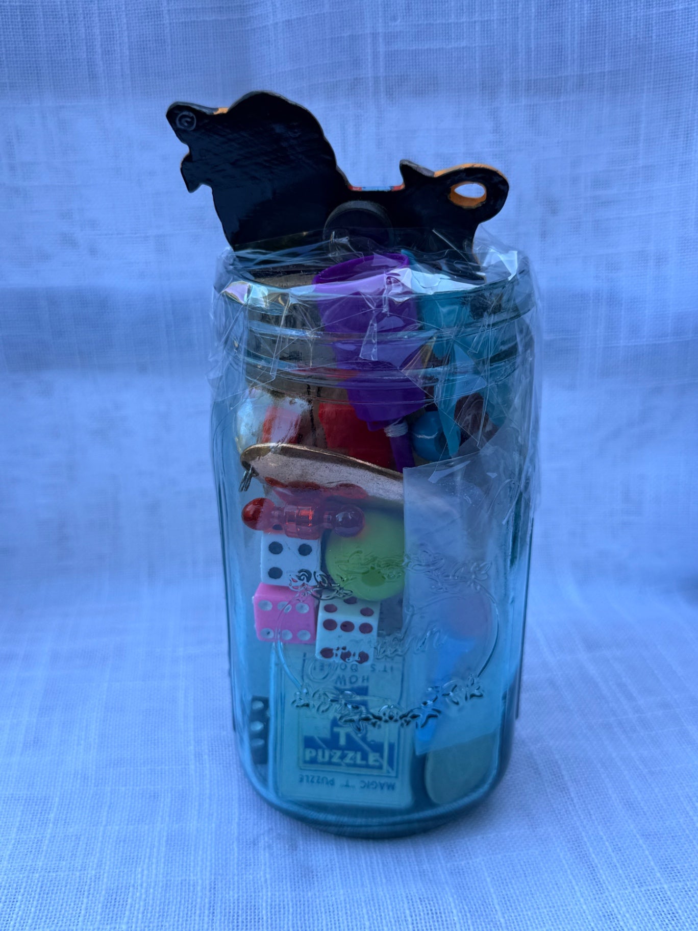 Vintage Toy & Ephemera "Junk Drawer" Lot | Magic T Puzzle & Chimp Toy in Upcycled Circus Lion Jar