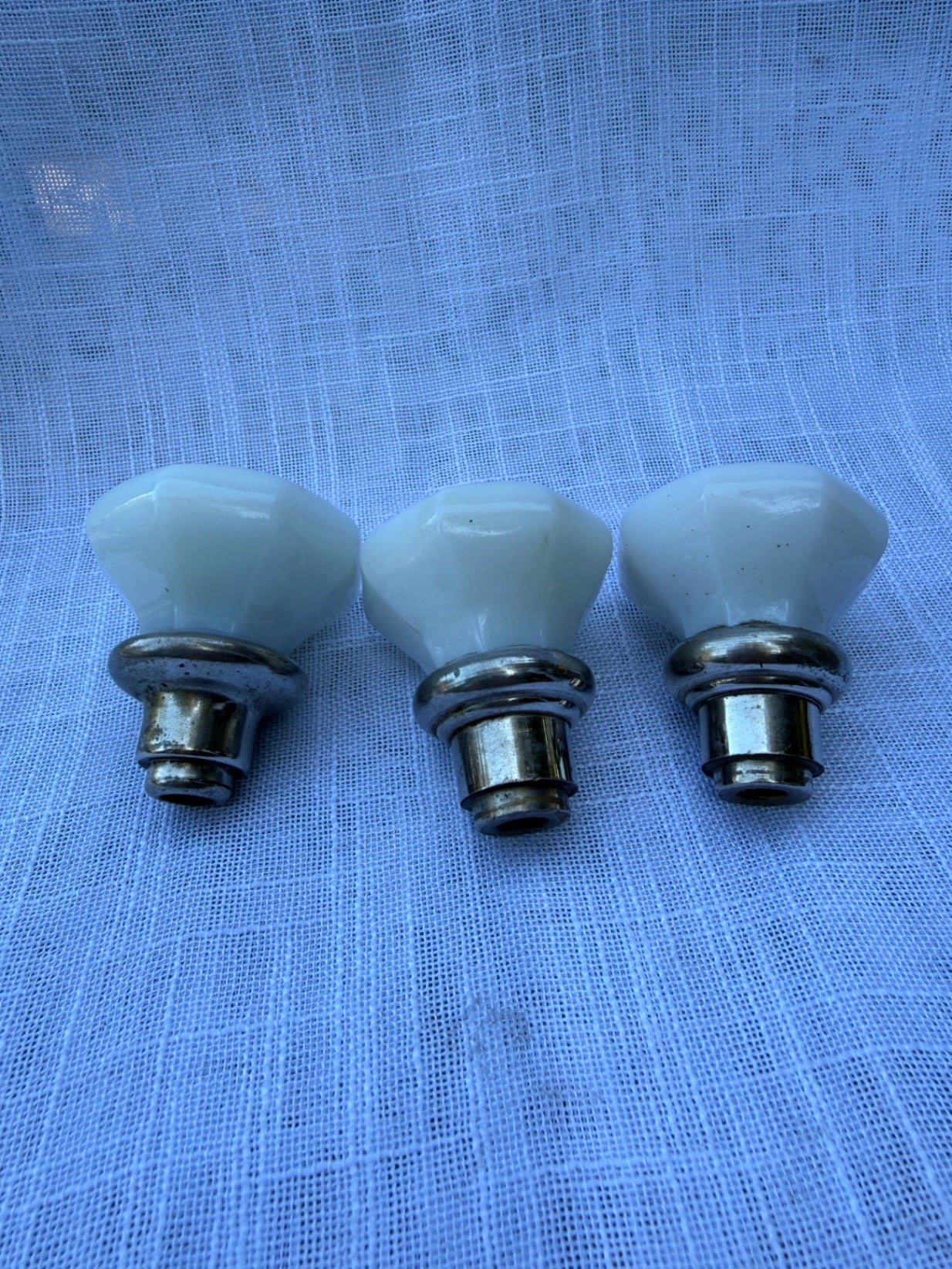 Set of 3 Vintage Octagonal White Milk Glass Door Knobs | Antique Architectural Salvage Hardware
