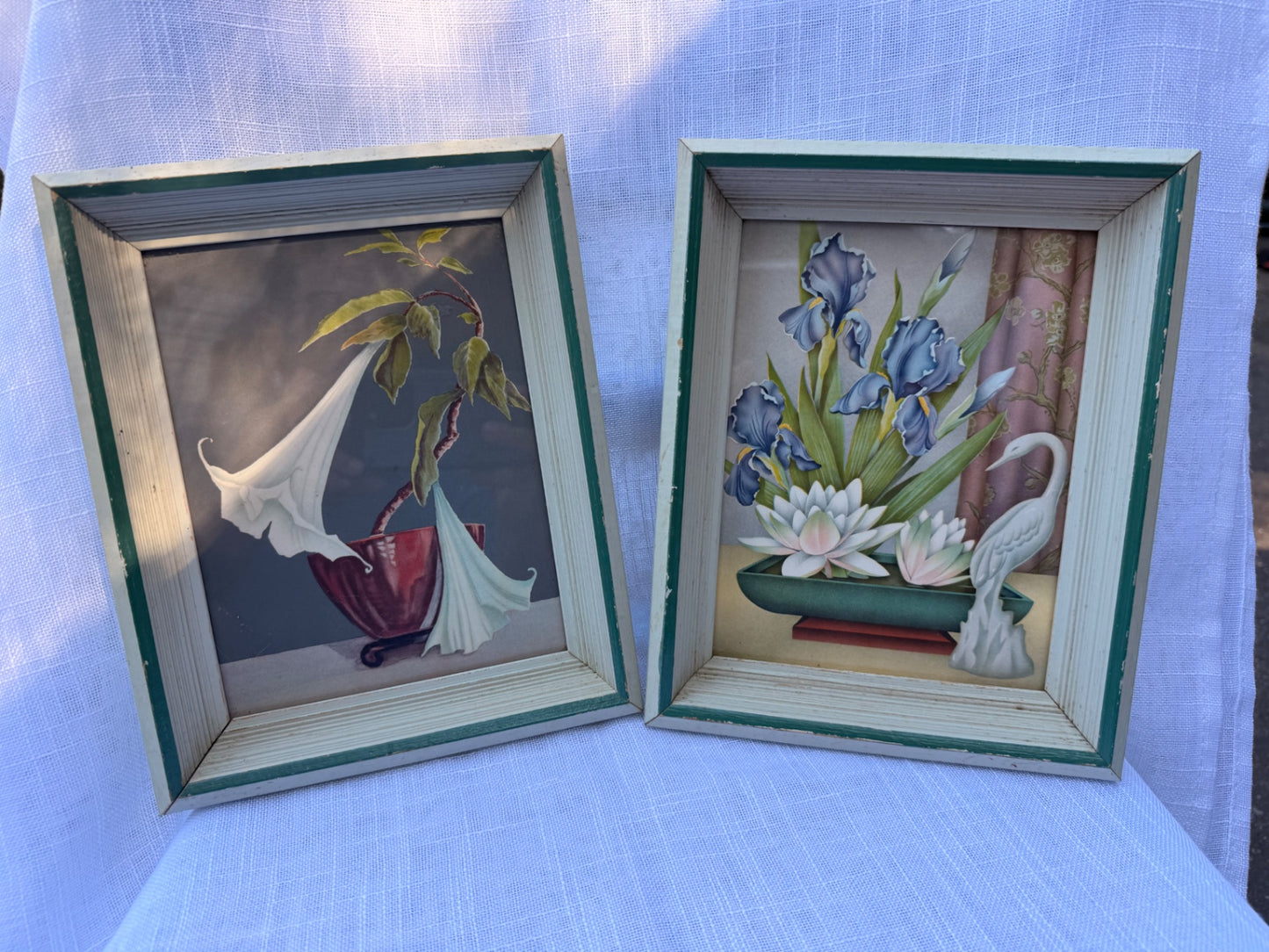 Pair of Vintage Framed Asian-Style Floral Prints | Shadowbox Frames w/ Egrets & White Lilies