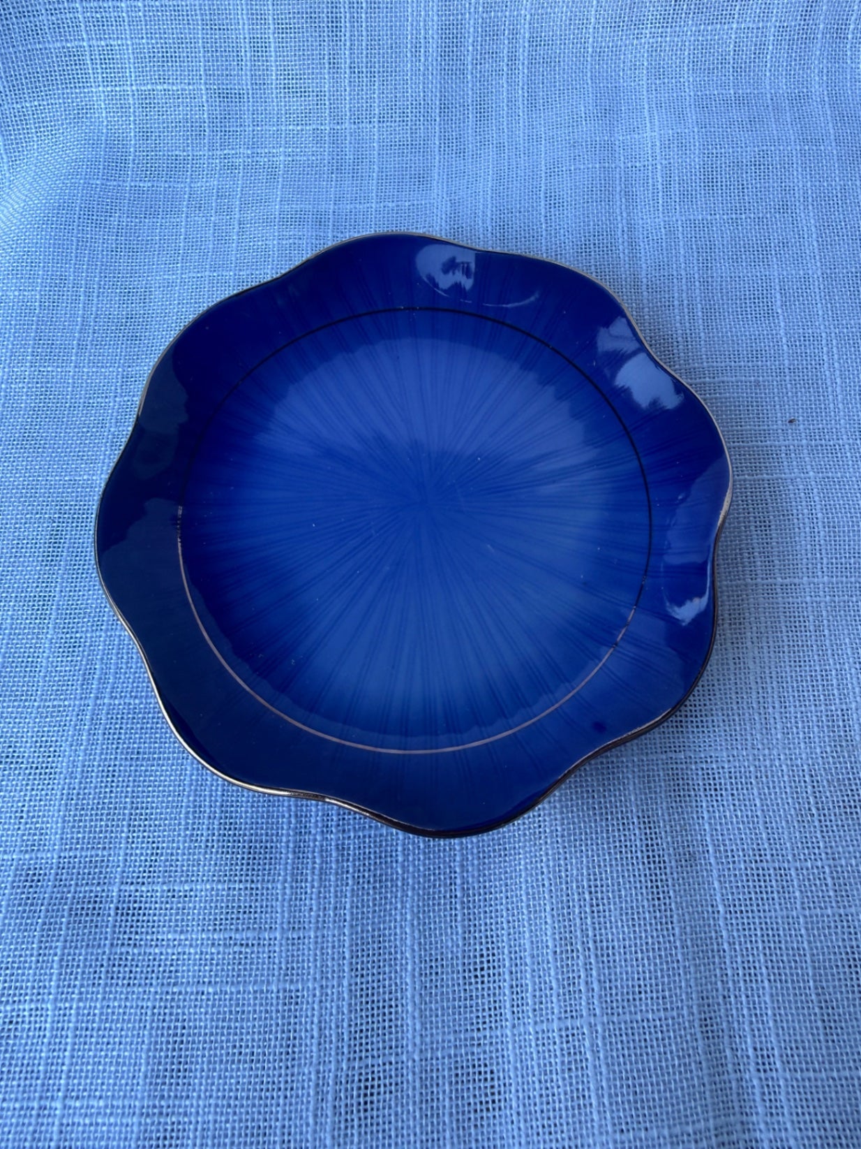 Vintage Japanese Cobalt Blue Porcelain Scalloped Plate | Radial Sunburst Pattern & Gold Trim