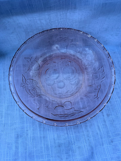 Vintage KIG Indonesia Blush Pink Glass Serving Bowl | Embossed Fruit Pattern & Beaded Rim