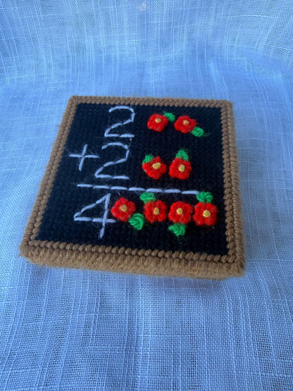 Vintage Plastic Canvas Apple Math Trinket Box | Retro Handmade Teacher Desk Decor