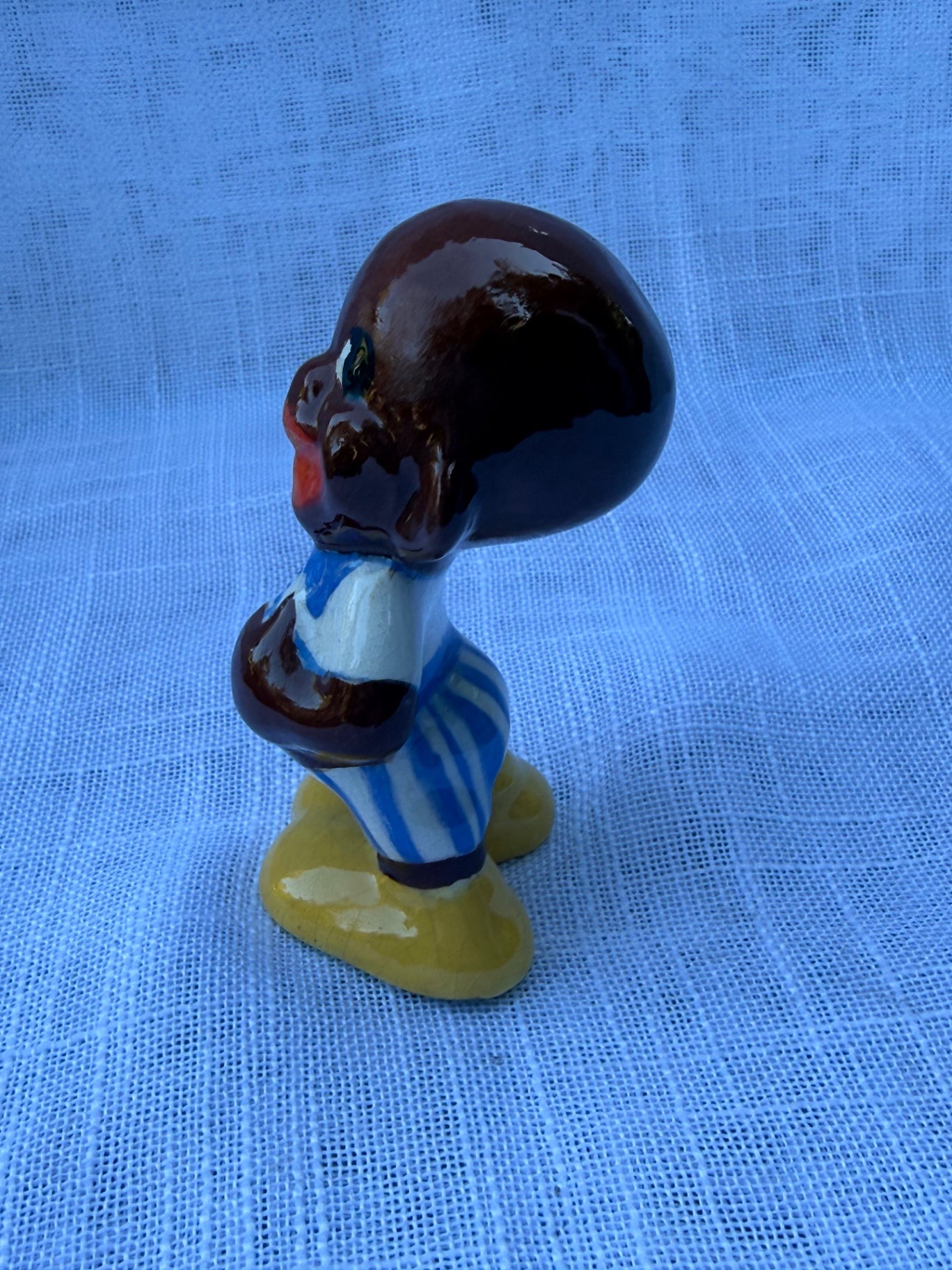 Vintage Black Americana Ceramic Figurine | Boy in Blue & White Stripes