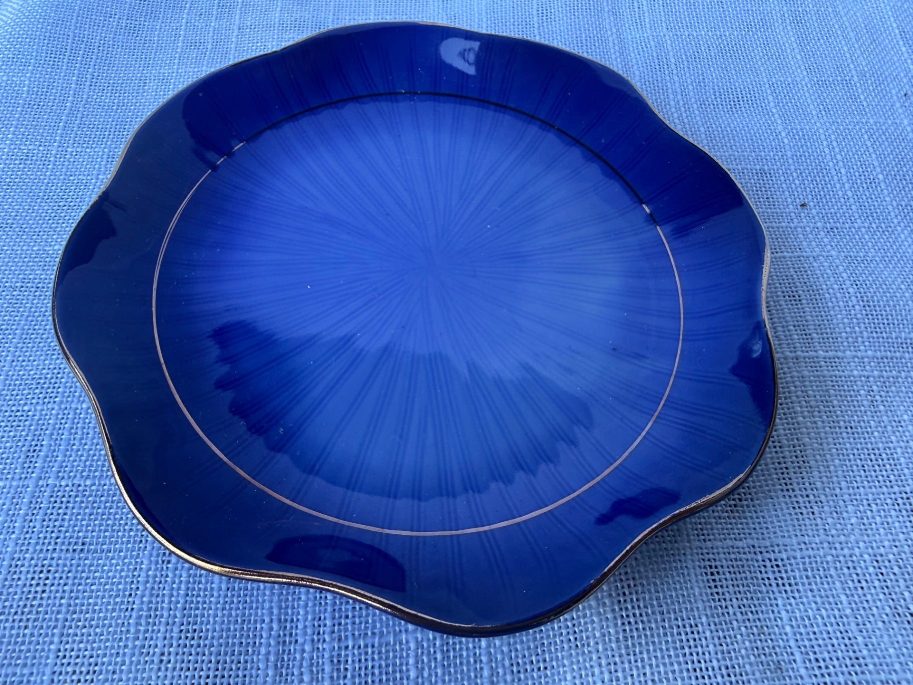 Vintage Japanese Cobalt Blue Porcelain Scalloped Plate | Radial Sunburst Pattern & Gold Trim