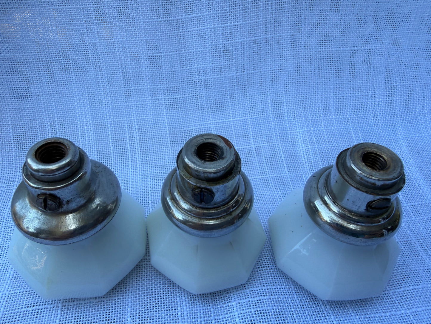 Set of 3 Vintage Octagonal White Milk Glass Door Knobs | Antique Architectural Salvage Hardware