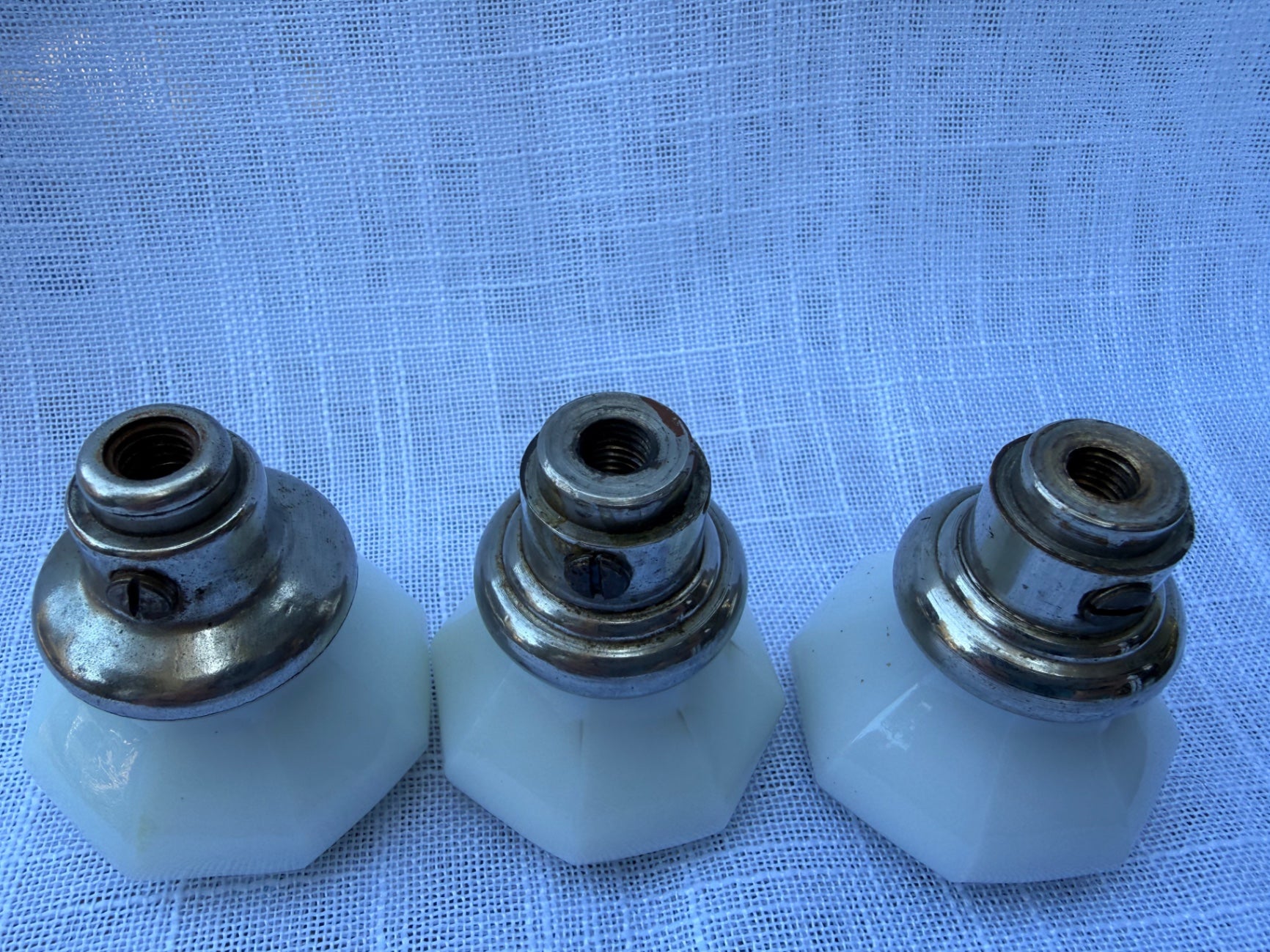 Set of 3 Vintage Octagonal White Milk Glass Door Knobs | Antique Architectural Salvage Hardware