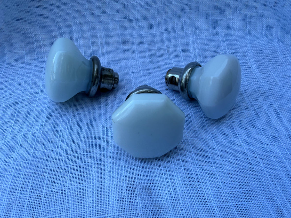 Set of 3 Vintage Octagonal White Milk Glass Door Knobs | Antique Architectural Salvage Hardware