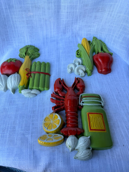 Set of 3 Vintage 1975 HOMCO 3D Kitchen Wall Plaques | Retro Lobster & Vegetables Decor