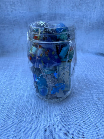 Curated Vintage Blue "Junk Drawer" Ephemera Lot | Retro Toys, Tokens & Charms in Kerr Mason Jar