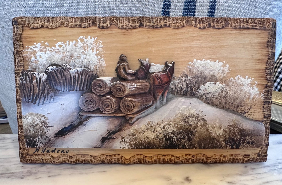 Original Henri Nadeau 3D wood carving winter logging
