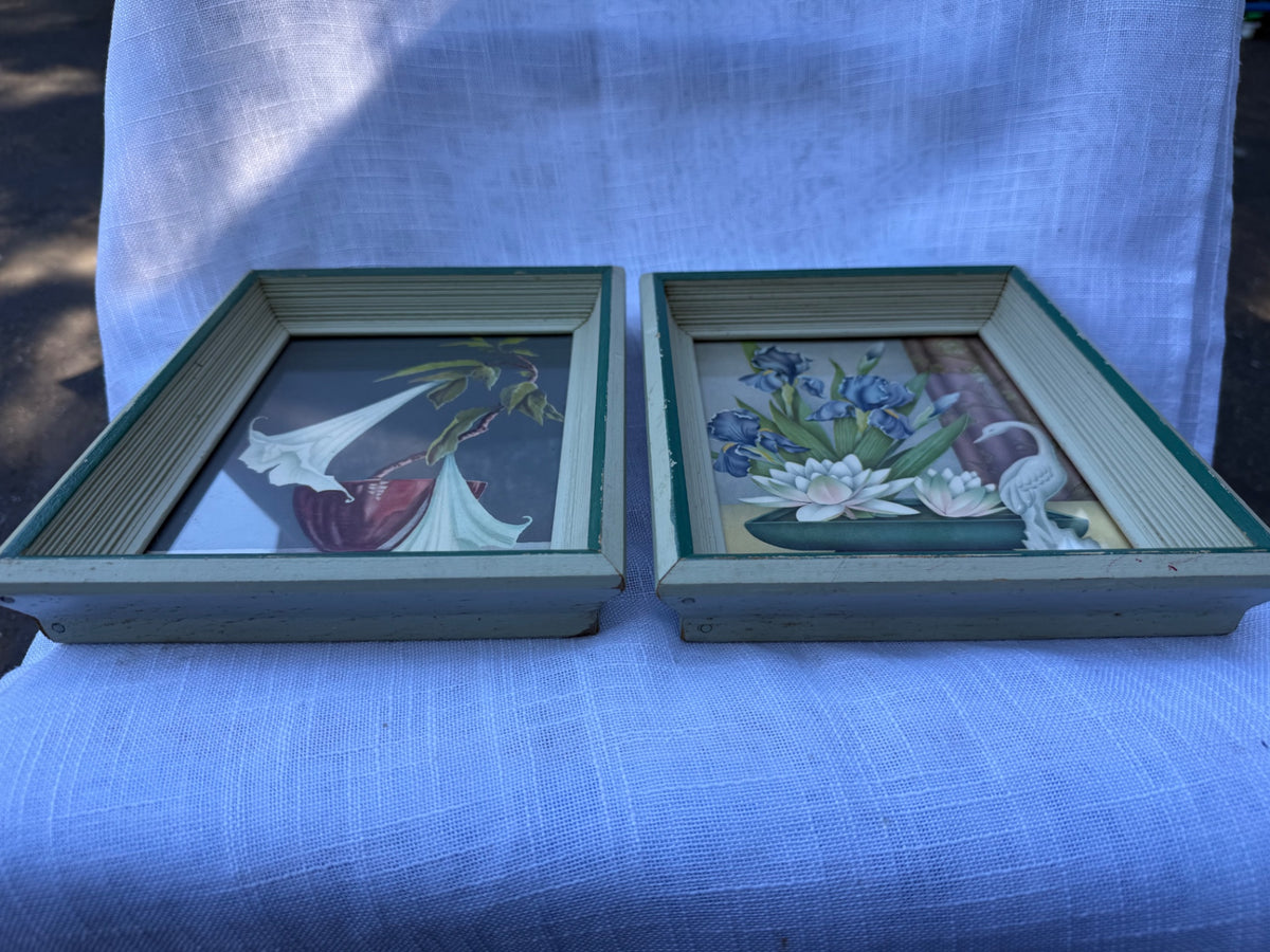 Pair of Vintage Framed Asian-Style Floral Prints | Shadowbox Frames w/ Egrets & White Lilies