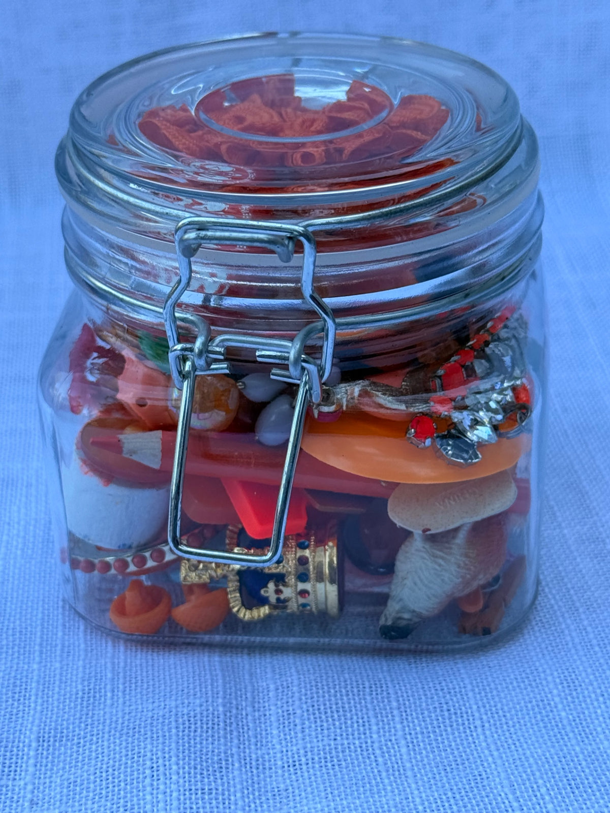 Vintage Orange "Junk Drawer" Ephemera & Craft Lot | Rhinestone Brooch & Retro Trinkets in Glass Latch Jar
