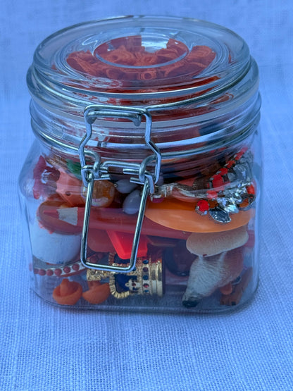Vintage Orange "Junk Drawer" Ephemera & Craft Lot | Rhinestone Brooch & Retro Trinkets in Glass Latch Jar