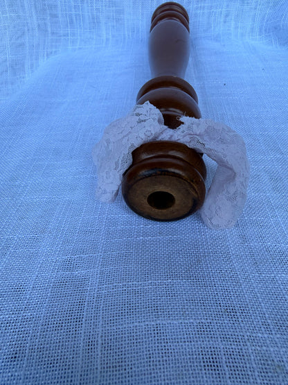 Vintage Turned Wood Furniture Spindle | Farmhouse Salvage Decor w/ White Lace Tie