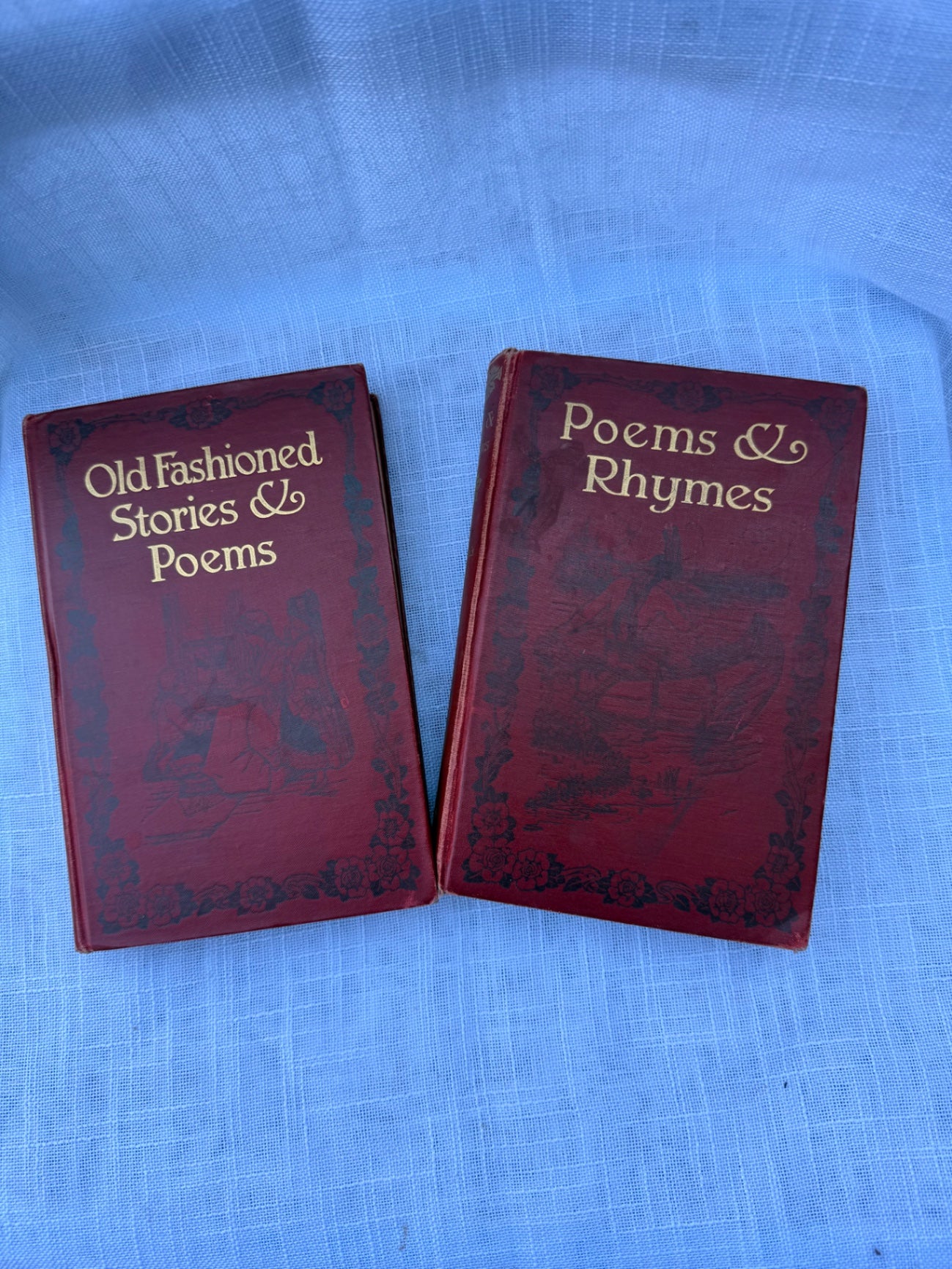 Set of 2 Antique 1907 "The Children's Hour" Books | Red Cloth Dark Academia Library Decor