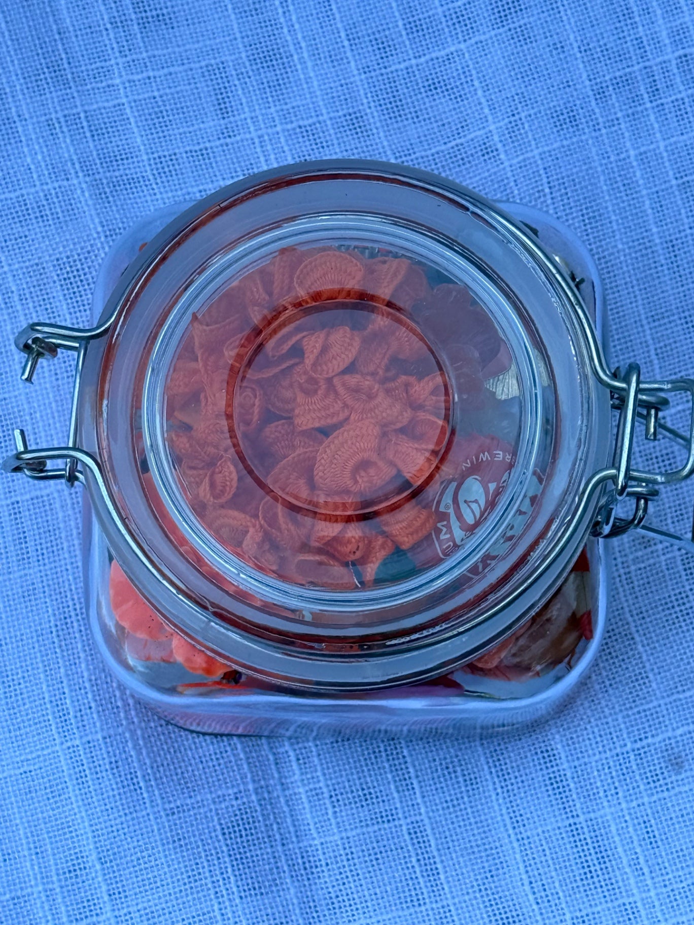 Vintage Orange "Junk Drawer" Ephemera & Craft Lot | Rhinestone Brooch & Retro Trinkets in Glass Latch Jar