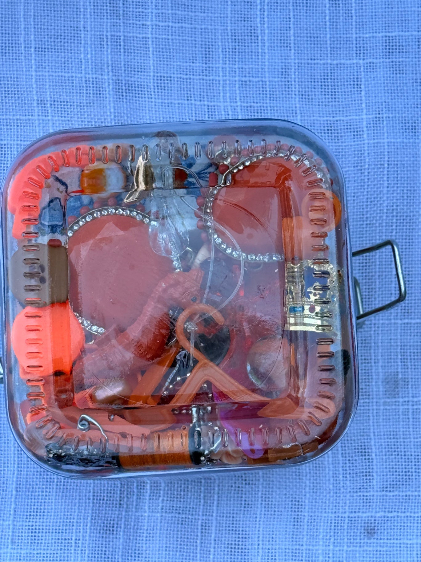 Vintage Orange "Junk Drawer" Ephemera & Craft Lot | Rhinestone Brooch & Retro Trinkets in Glass Latch Jar