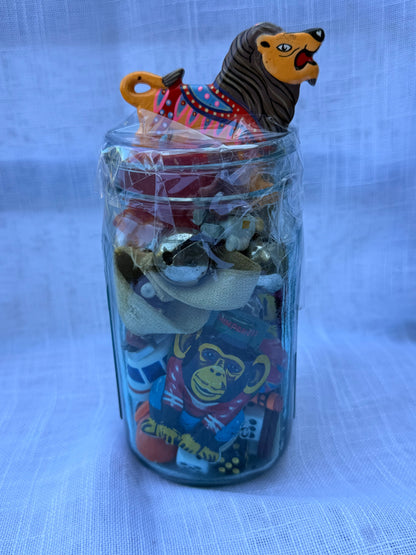 Vintage Toy & Ephemera "Junk Drawer" Lot | Magic T Puzzle & Chimp Toy in Upcycled Circus Lion Jar