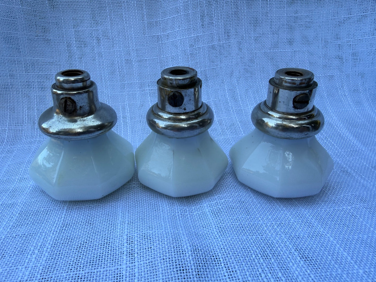 Set of 3 Vintage Octagonal White Milk Glass Door Knobs | Antique Architectural Salvage Hardware
