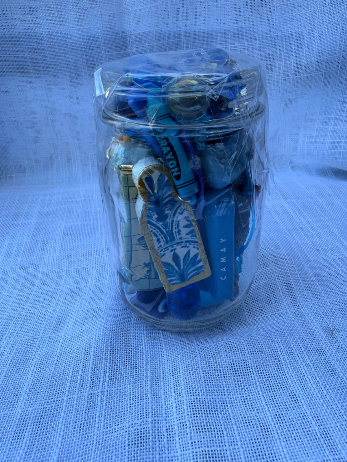 Curated Vintage Blue "Junk Drawer" Ephemera Lot | Retro Toys, Tokens & Charms in Kerr Mason Jar
